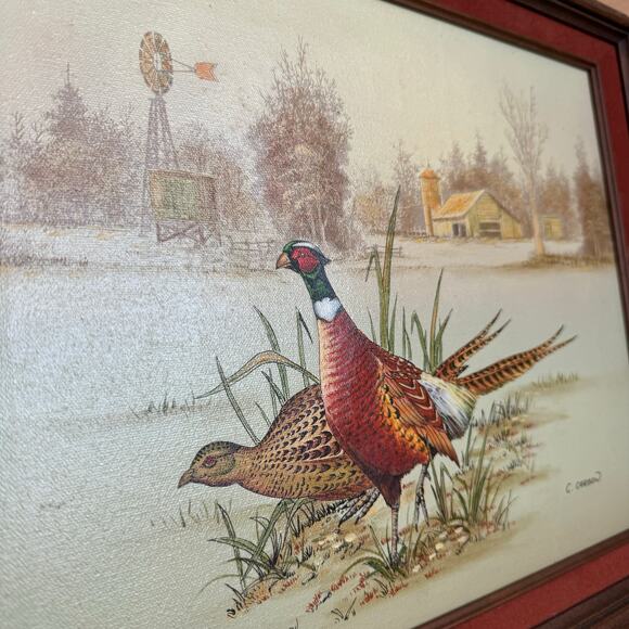 Vintage C. Carson Original Framed Oil On Canvas Painting Art Pheasants Signed - Picture 4 of 5